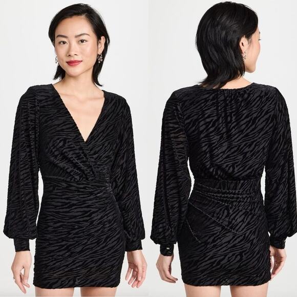 New Ramy Brook Kalani Black Zebra Print Flocked Textuted Long Sleeve Mini Dress - Picture 3 of 15